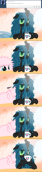 Size: 650x2625 | Tagged: safe, artist:mixermike622, queen chrysalis, oc, oc:fluffle puff, changeling, changeling queen, ask, bed hair, bed mane, coffee, messy mane, morning ponies, tumblr, tumblr:ask fluffle puff