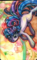 Size: 1006x1628 | Tagged: safe, artist:buttercupsaiyan, derpibooru import, twilight sparkle, pony, unicorn, abstract background, blank flank, female, floating, mare, solo, watercolor painting