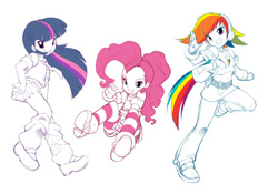 Size: 900x629 | Tagged: safe, artist:bleedman, derpibooru import, pinkie pie, rainbow dash, twilight sparkle, human, belly button, clothes, female, humanized, midriff, partial color, shoes, simple background, skirt, sneakers, white background