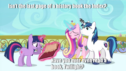 Size: 1434x802 | Tagged: safe, princess cadance, shining armor, twilight sparkle, alicorn, pony, unicorn, book, image macro, index, logic