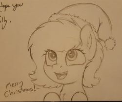 Size: 2197x1836 | Tagged: safe, artist:smoldix, oc, oc only, oc:anon filly, pony, bust, chest fluff, christmas, dialogue, female, filly, happy, hat, holiday, merry christmas, open mouth, pencil drawing, santa hat, solo, traditional art