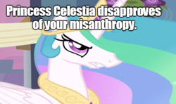 Size: 1205x715 | Tagged: safe, princess celestia, human, heresy, image macro, low quality, misanthropy, reaction, solo