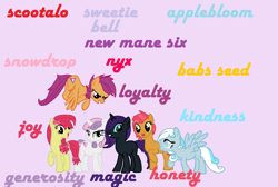 Size: 1354x912 | Tagged: safe, artist:florfru, apple bloom, babs seed, scootaloo, sweetie belle, oc, oc:nyx, oc:snowdrop, alicorn, earth pony, pegasus, pony, unicorn, alternate mane six, flying, horn, misspelling, older, older apple bloom, older babs seed, older scootaloo, older sweetie belle, pegasus oc, scootaloo can fly, unicorn nyx, unicorn oc, wings