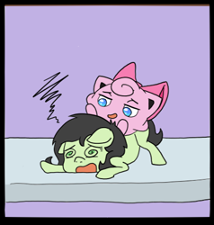 Size: 449x471 | Tagged: source needed, safe, artist:happy harvey, oc, oc:anon filly, earth pony, jigglypuff, pony, bow, colored pupils, drawn on phone, face down ass up, female, filly, hair bow, head down, pokémon, sitting on, sitting on pony, smug, spinning eyes, super smash bros., unconscious