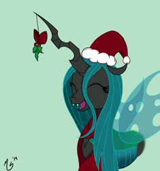 Size: 900x956 | Tagged: safe, artist:ciscoql, queen chrysalis, changeling, changeling queen, christmas, holly, holly mistaken for mistletoe, solo