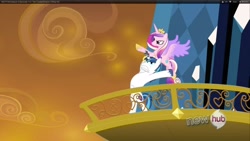 Size: 1920x1080 | Tagged: safe, screencap, princess cadance, shining armor, alicorn, pony, unicorn, the crystal empire, all new, epic wife tossing, fastball special, horn crystals, hub logo, text