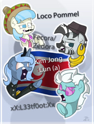 Size: 950x1252 | Tagged: safe, artist:trace-101, coco pommel, fleetfoot, princess luna, zecora, alicorn, pony, zebra, angry, clothes, fedora, hat, insanity, kim jong-un, l3etf0ot, mexican, north korea, open mouth, pun, s1 luna, salute, signature, smiling, sombrero, sunglasses, tongue out, trilby, underhoof, uniform, wide eyes, yelling