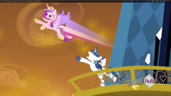 Size: 1920x1080 | Tagged: safe, screencap, princess cadance, shining armor, alicorn, pony, unicorn, the crystal empire, all new, epic wife tossing, fastball special, horn crystals, hub logo, text