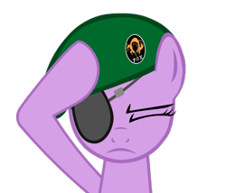 Size: 900x770 | Tagged: safe, artist:supermariogalaxy13, derpibooru import, twilight sparkle, pony, unicorn, beret, big boss, eyepatch, eyes closed, female, hat, konami, mare, metal gear, parody, salute, simple background, solo