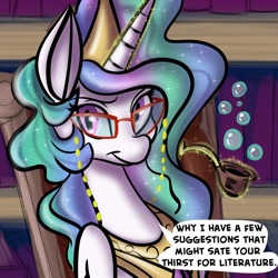 Size: 1280x1280 | Tagged: safe, artist:fauxsquared, princess celestia, alicorn, pony, ask, bubble, bubble pipe, glasses, magic, pipe, solo, tumblr, tumblr:it's always sunny in canterlot