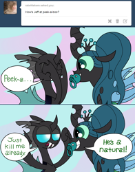 Size: 1280x1635 | Tagged: safe, artist:jay muniz, queen chrysalis, changeling, changeling queen, ask crinkle bottom chrysalis, adult foal, jeff, pacifier, peekaboo, pigtails, tumblr