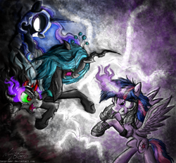 Size: 1296x1200 | Tagged: safe, artist:flutterthrash, king sombra, nightmare moon, queen chrysalis, twilight sparkle, twilight sparkle (alicorn), alicorn, changeling, changeling queen, pony, female, magic, mare