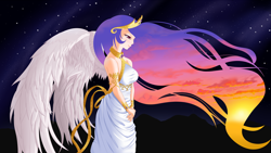 Size: 1920x1080 | Tagged: safe, artist:dstears, princess celestia, human, galaxy mane, humanized, light skin, night, solo, sunset, wallpaper, windswept mane, winged humanization