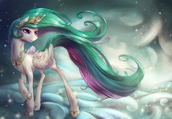 Size: 1518x1056 | Tagged: safe, artist:viwrastupr, princess celestia, alicorn, pony, cloud, cloudy, solo, windswept mane