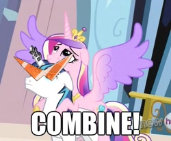 Size: 561x464 | Tagged: safe, edit, edited screencap, screencap, princess cadance, shining armor, alicorn, pony, unicorn, the crystal empire, caption, crossover, horn crystals, hub logo, tengen toppa gurren lagann