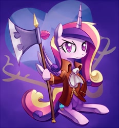 Size: 741x800 | Tagged: safe, artist:negativefox, princess cadance, alicorn, pony, axe, clothes, halberd, solo, weapon