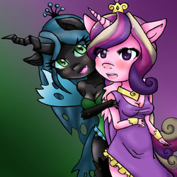 Size: 1000x1000 | Tagged: safe, artist:tommyjazz, princess cadance, queen chrysalis, anthro, changeling, changeling queen, cleavage, female