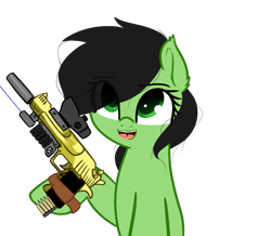 Size: 1129x983 | Tagged: safe, artist:neuro, oc, oc only, oc:anon filly, acog, desert eagle, female, filly, gun, laser sight, simple background, solo, suppressor, tacticool, tape, transparent background, weapon