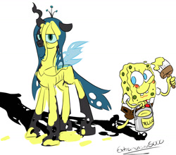 Size: 1436x1264 | Tagged: safe, artist:extremeasaur5000, queen chrysalis, changeling, changeling queen, crossover, paint, paint on chitin, queen chrysalis is not amused, spongebob squarepants