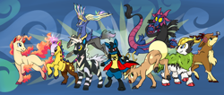 Size: 4000x1700 | Tagged: safe, artist:fuutachimaru, applejack, discord, fluttershy, pinkie pie, princess celestia, rainbow dash, rarity, twilight sparkle, oc, alicorn, earth pony, pegasus, pony, unicorn, girafarig, gogoat, group, hydreigon, lucario, mane six, pokefication, pokémon, rapidash, sawsbuck, stantler, xerneas, zebstrika