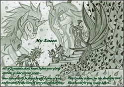 Size: 2338x1647 | Tagged: safe, artist:rossmaniteanzu, queen chrysalis, oc, oc:quill, changeling, changeling queen, armor, bowing, chrysalislover, loyalty, queen, smiling, throne