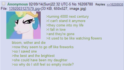 Size: 451x257 | Tagged: source needed, useless source url, safe, princess celestia, alicorn, pony, /mlp/, 4chan, feels, greentext, immortality blues, sad, text, where are they now