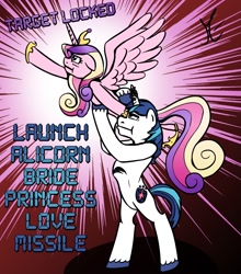 Size: 1762x2000 | Tagged: safe, artist:senselesssquirrel, princess cadance, shining armor, alicorn, pony, unicorn, the crystal empire, epic wife tossing, fastball special, horn crystals, missile launcher