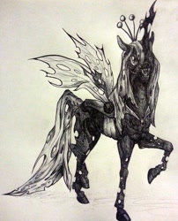 Size: 714x882 | Tagged: safe, artist:torakatt, queen chrysalis, changeling, changeling queen, fangs, female, monochrome, solo, tongue out, traditional art