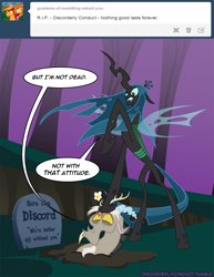 Size: 1000x1296 | Tagged: safe, artist:peachiekeenie, artist:tarajenkins, discord, queen chrysalis, changeling, changeling queen, cupidite, discorderlyconduct, grave, tumblr