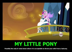 Size: 1380x1000 | Tagged: safe, screencap, princess cadance, shining armor, alicorn, pony, unicorn, the crystal empire, all new, demotivational poster, epic wife tossing, horn crystals, hub logo, meme, text