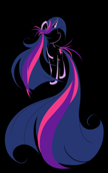 Size: 1000x1600 | Tagged: safe, artist:bamboodog, derpibooru import, twilight sparkle, unicorn twilight, pony, unicorn, black background, cutie mark, female, hooves, horn, impossibly long tail, lineart, long mane, long tail, mare, minimalist, modern art, simple background, solo