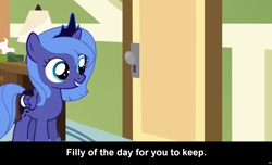 Size: 1600x973 | Tagged: safe, princess luna, alicorn, pony, caption, cs captions, cute, filly, foal, s1 luna, solo, woona