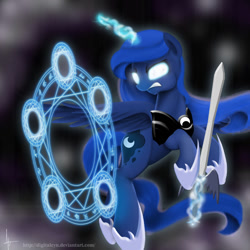 Size: 1024x1024 | Tagged: safe, artist:digitalcyn, princess luna, alicorn, pony, glowing eyes, magic, magic circle, solo, sword, warrior luna, weapon