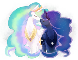 Size: 956x734 | Tagged: safe, artist:powaito, princess celestia, princess luna, alicorn, pony, boop, cute, duo, eyes closed, female, noseboop, nuzzling, royal sisters, siblings, simple background, sisters, white background