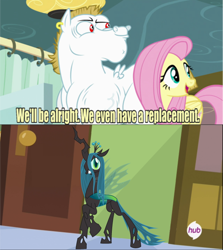 Size: 640x717 | Tagged: safe, bulk biceps, fluttershy, queen chrysalis, changeling, changeling queen, pegasus, pony, rainbow falls, blonde, blonde mane, blonde tail, blue eyes, curtain, ear piercing, exploitable meme, female, green eyes, looking to side, looking to the right, male, mare, meme, open mouth, piercing, pink mane, pink tail, red eyes, replacement meme, smiling, spread wings, stallion, text, white coat, wings, yellow coat