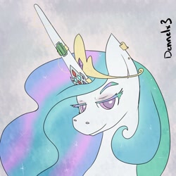 Size: 1000x1000 | Tagged: safe, artist:dennelx3, princess celestia, alicorn, pony, female, horn, jewelry, mare, multicolored mane, solo, white coat