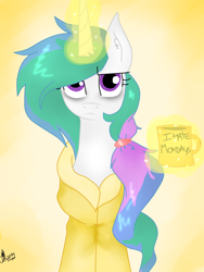 Size: 768x1024 | Tagged: safe, artist:heather-amore, princess celestia, alicorn, pony, alternate hairstyle, bed mane, clothes, i hate mondays, magic, messy mane, morning ponies, mug, robe, solo