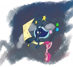 Size: 1947x1802 | Tagged: safe, artist:irwin, pinkie pie, princess luna, alicorn, earth pony, pony, balloon, moon, tangible heavenly object