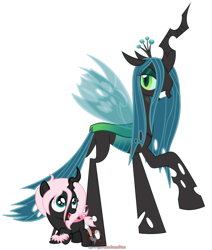 Size: 578x681 | Tagged: safe, artist:ipandacakes, queen chrysalis, oc, oc:pomf puff, changeling, changeling queen, hybrid, changeling oc, grin, interspecies offspring, looking at you, looking up, magical lesbian spawn, mommy chrissy, mother and child, offspring, open mouth, parent and child, parent:oc:fluffle puff, parent:queen chrysalis, parents:canon x oc, parents:chrysipuff, pink changeling, raised hoof, simple background, smiling, smirk, standing, transparent background, vector