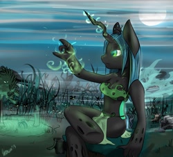 Size: 1280x1156 | Tagged: safe, artist:venauva, queen chrysalis, anthro, changeling, changeling queen, unguligrade anthro, belly button, breasts, cleavage, female, fog, moon, night, solo