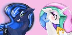 Size: 5076x2448 | Tagged: safe, artist:falco9998, princess celestia, princess luna, alicorn, pony, :p, bedroom eyes, floppy ears, grin, lipstick, looking at you, portrait, smiling, tongue out