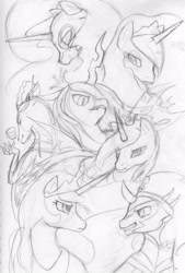 Size: 2267x3359 | Tagged: safe, artist:aggieandco, discord, king sombra, nightmare moon, princess cadance, princess celestia, princess luna, queen chrysalis, alicorn, changeling, changeling queen, pony, unicorn, monochrome