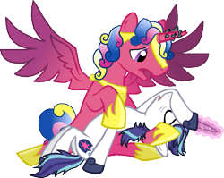 Size: 759x604 | Tagged: safe, artist:rain-approves, artist:starryoak, gleaming shield, prince bolero, princess cadance, shining armor, alicorn, pony, unicorn, glowing horn, holding, horn, passed out, rule 63, simple background, transparent background