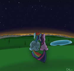 Size: 1580x1500 | Tagged: safe, artist:colinmlp, derpibooru import, rainbow dash, twilight sparkle, pegasus, pony, unicorn, female, leaning, lesbian, love, mare, shipping, sitting, sunset, twidash