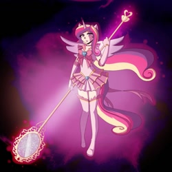 Size: 800x800 | Tagged: safe, artist:dawnrie, princess cadance, clothes, eared humanization, horned humanization, humanized, sailor moon, sailor scout, solo, staff, tailed humanization, winged humanization