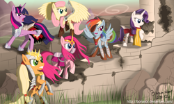 Size: 2300x1380 | Tagged: safe, artist:bonaxor, derpibooru import, applejack, fluttershy, pinkie pie, rainbow dash, rarity, twilight sparkle, cyborg, earth pony, pegasus, pony, unicorn, amputee, armor, armorarity, augmented, badass, epic, eyepatch, female, implied amputation, knight, mane six, mare, prosthetic limb, prosthetic wing, prosthetics, ruins, scar