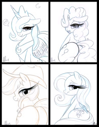 Size: 937x1195 | Tagged: safe, artist:prettypinkpony, applejack, fluttershy, pinkie pie, princess luna, alicorn, earth pony, pegasus, pony, bedroom eyes, plot