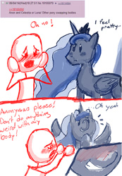 Size: 449x648 | Tagged: safe, artist:redanon, princess luna, oc, oc:anon, 4chan, blushing, body swap, comic, requested art