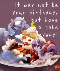 Size: 1000x1176 | Tagged: safe, artist:kolshica, princess luna, rarity, alicorn, pony, unicorn, cake, duo, eyes closed, food, ponies in food, sparkly mane, strawberry, tongue out