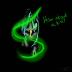 Size: 550x550 | Tagged: safe, artist:paylette, queen chrysalis, changeling, changeling queen, female, horn, kissing, solo